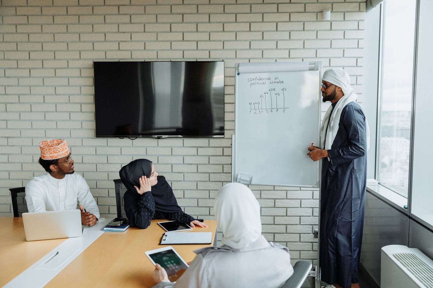 Gulf Arab colleagues in kandura and abaya at a boardroom table while one presents at a whiteboard