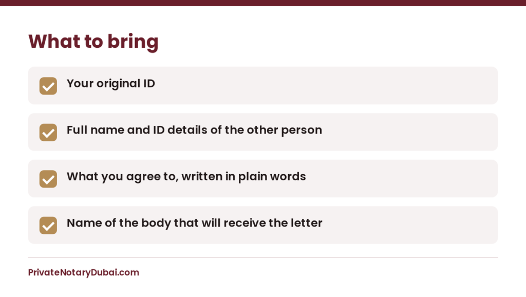 Checklist of what to bring for a consent letter signing
