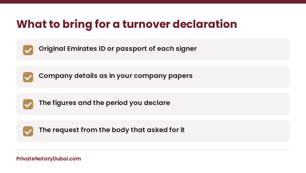 Checklist of what to bring for a turnover declaration letter
