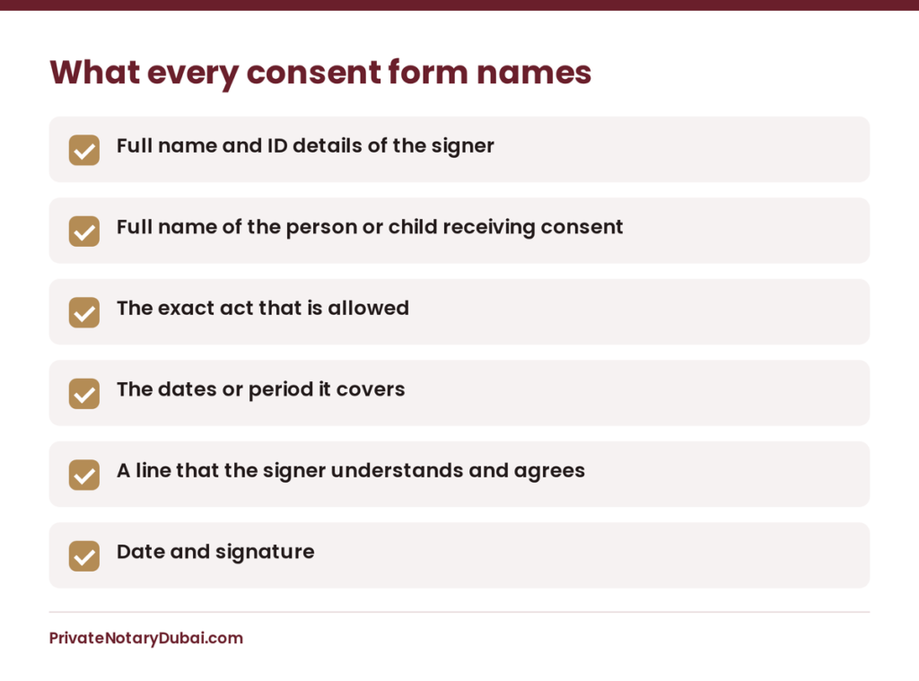 Checklist of six parts a legal consent form example should name