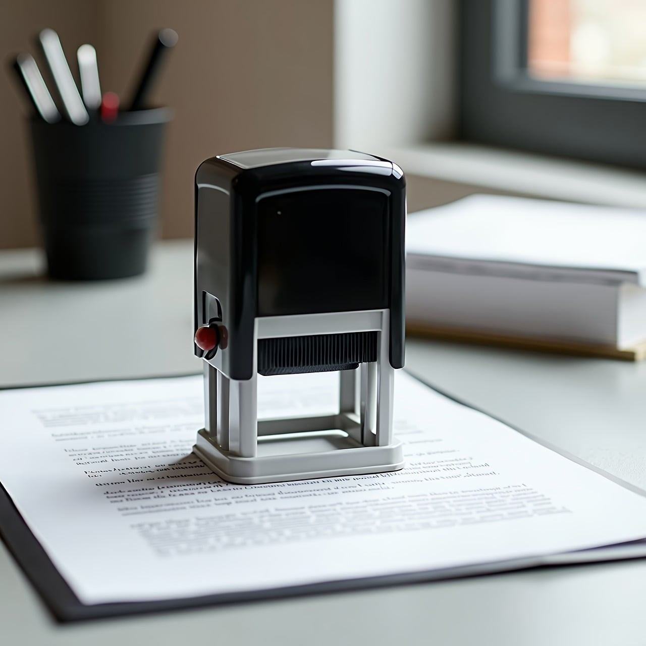 Self inking office stamp resting on a printed document