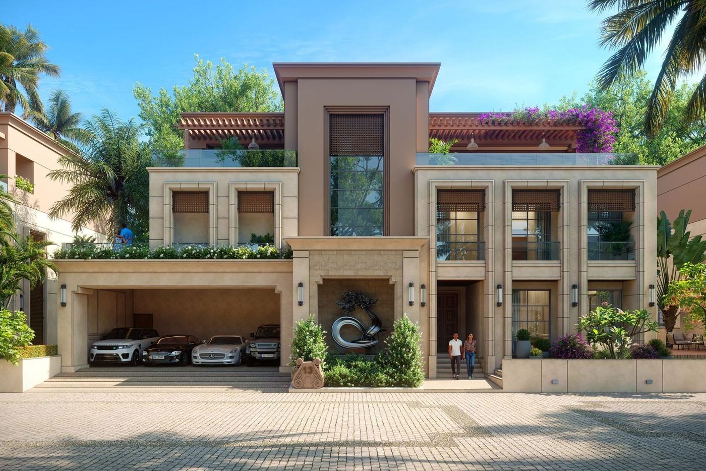 Front of a large modern villa with palm trees and a driveway